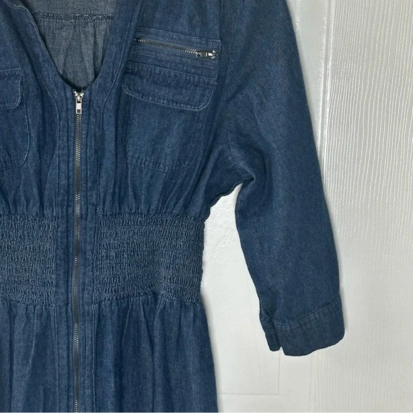 Denim Zip‑Front Utility Dress Small Smocked Waist Roll‑Tab Sleeves - Picture 4 of 7